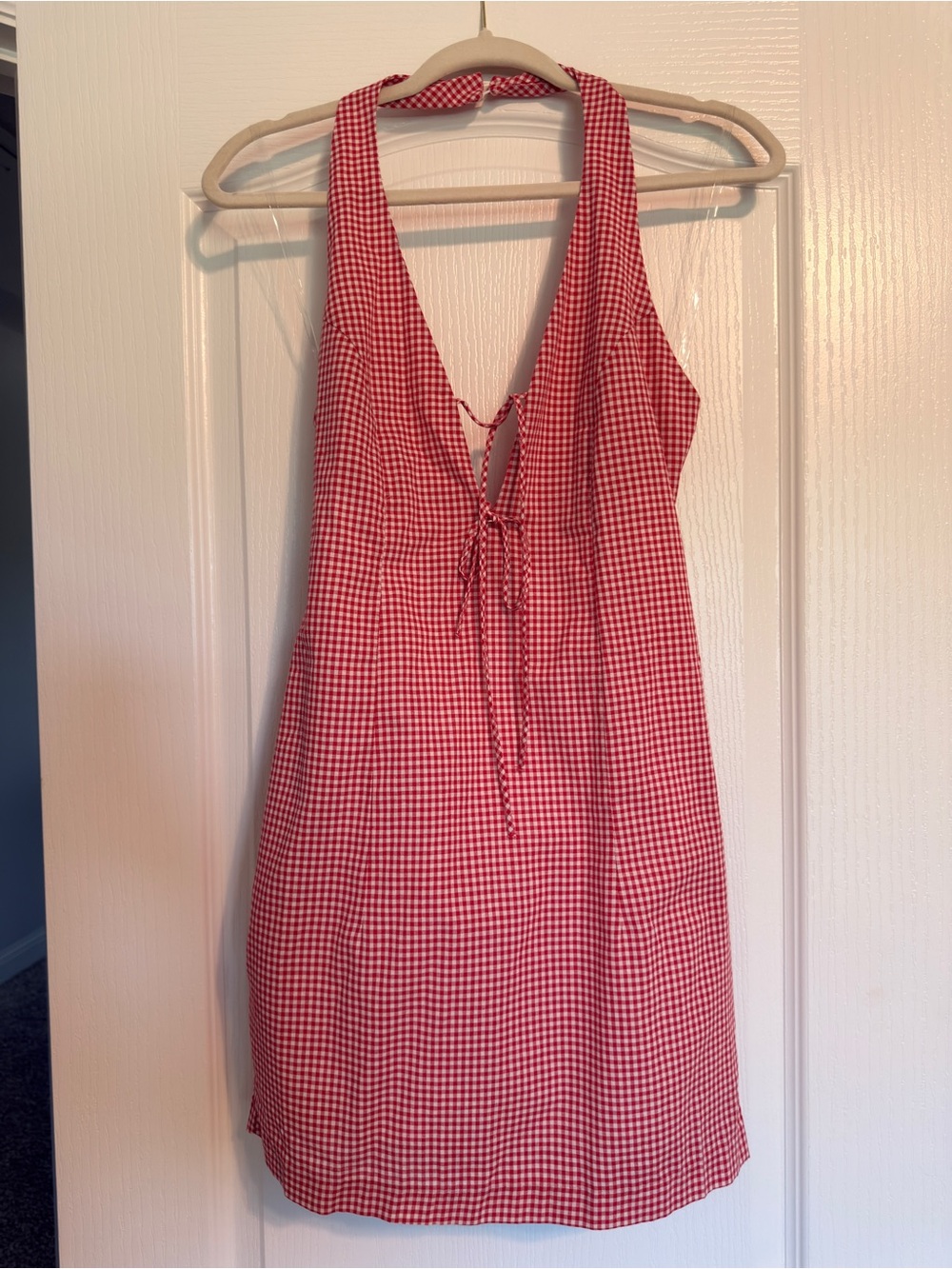 HYFVE Red Gingham Tie-Front Halter Mini Dress